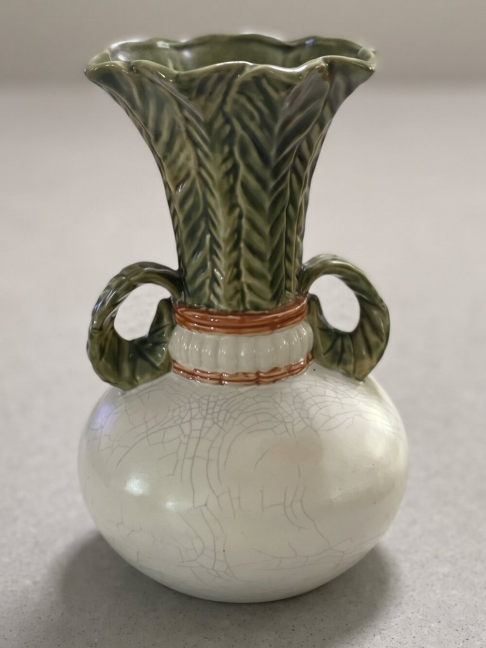 Vintage Majolica Turnip Ceramic Vase Crackle Glaze Leaf Handles 12"